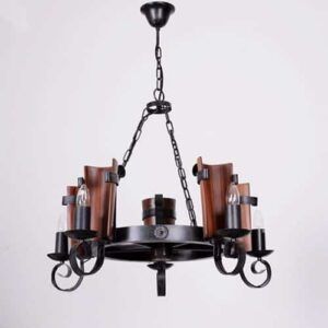Lámpara Forja y Madera Teja 5 Luces