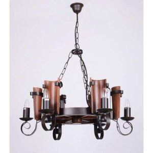 Lámpara Forja y Madera Teja 6 Luces