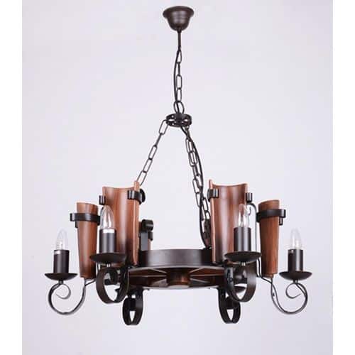 Lámpara Forja y Madera Teja 6 Luces
