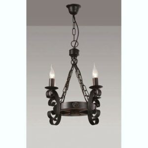 Lámpara Forja y Madera Rueda 4 Luces
