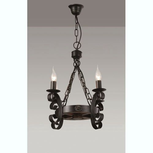 Lámpara Forja y Madera Rueda 4 Luces