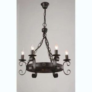 Lámpara Forja y Madera Rueda 6 Luces