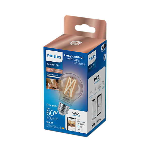 Bombilla Philips Smart Led Filamento Claro Estándar A60 Ambiance E27 Pack Individual Wifi Con tecnología SpaceSense