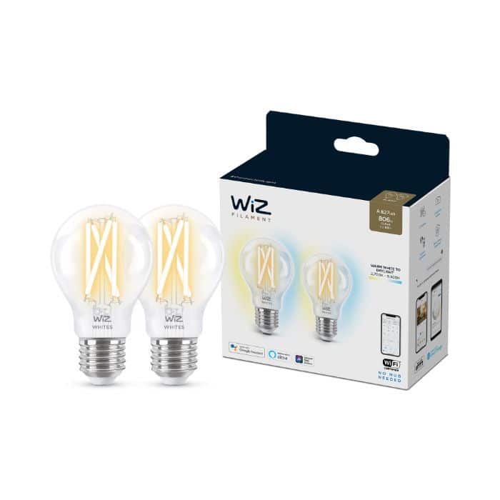 Bombilla WiZ Filamento Claro Estándar A60 Ambiance E27 Pack Doble Philips Wifi Con tecnología SpaceSense